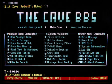 A screenshot of The Cave BBS main menu.