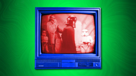 An illustration of Darth Vader choking someone on a retro TV set.